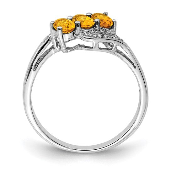Sterling Silver White Gold Plated Natural Citrine & Diamond 3 Stone Ring