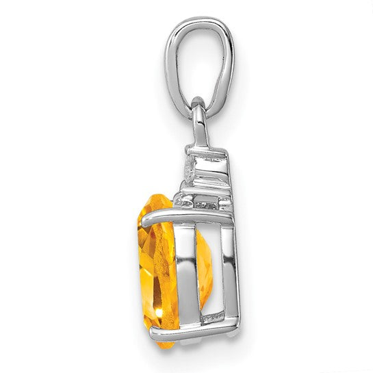 Sterling Silver White Gold Plated Oval Natural Citrine & Diamond Pendant