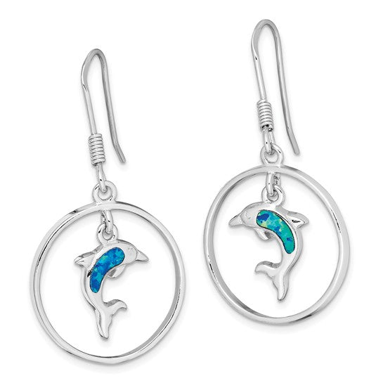 Sterling Silver White Gold Plated Dolphin Hoop Earrings Inlayed With Lab Created Blue Opal