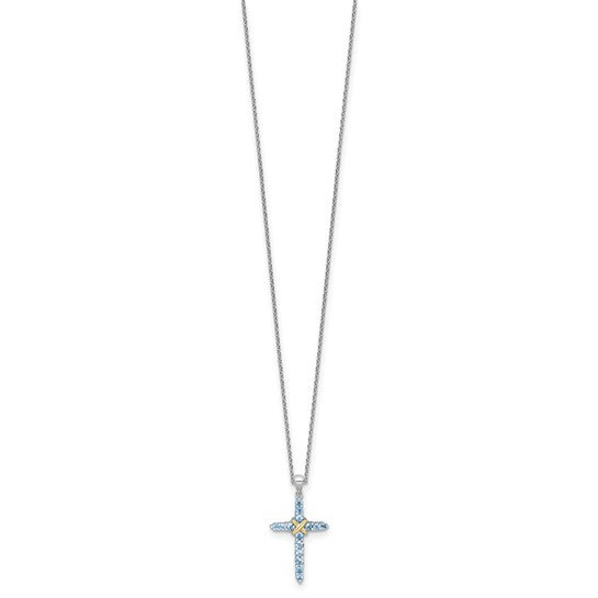 White Gold Filled Sterling Silver Blue Topaz Two Tone Cross & Chain