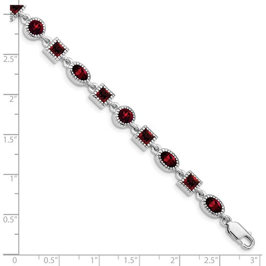 Sterling Silver White Gold 3 Shape Natural Garnet Bezel Bracelet