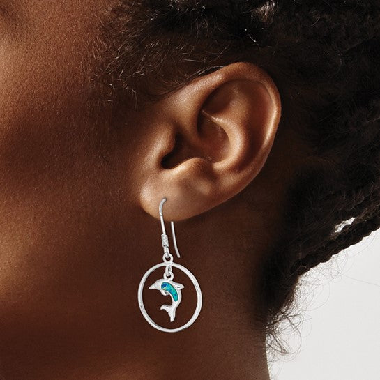 Sterling Silver White Gold Plated Dolphin Hoop Earrings Inlayed With Lab Created Blue Opal