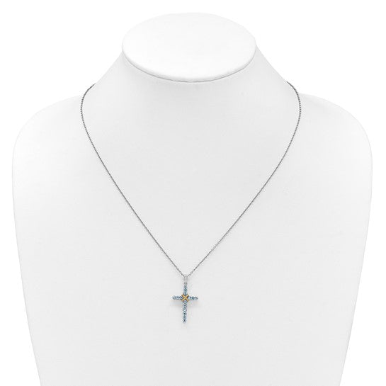 White Gold Filled Sterling Silver Blue Topaz Two Tone Cross & Chain