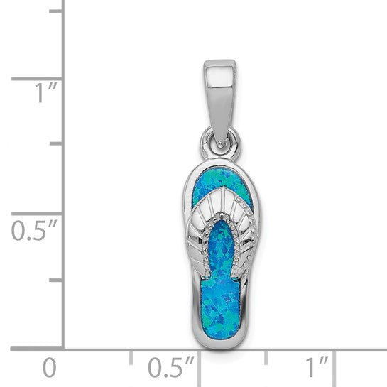 Sterling Silver White Gold Lab Created Blue Opal Flip Flop Pendant