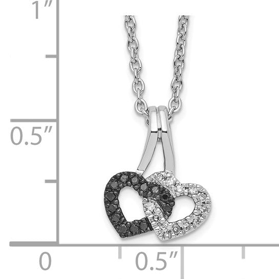 White Night White Gold Filled Sterling Silver Black & White Diamond Interlocking Hearts Chain & Pendant Set