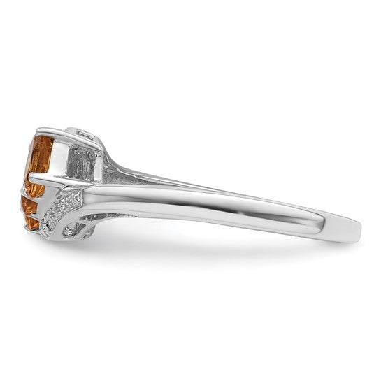 Sterling Silver White Gold Plated Natural Citrine & Diamond 3 Stone Ring