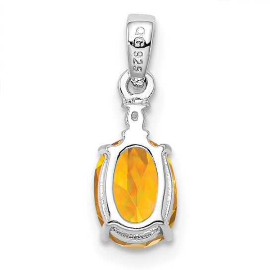 Sterling Silver White Gold Plated Oval Natural Citrine & Diamond Pendant