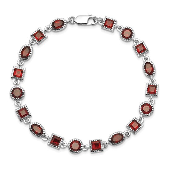 Sterling Silver White Gold 3 Shape Natural Garnet Bezel Bracelet
