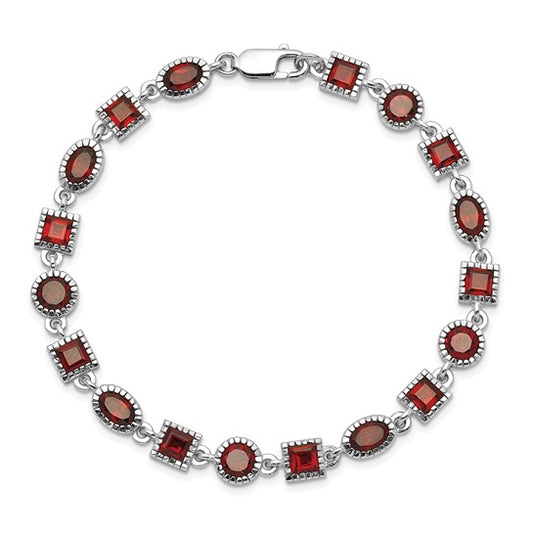 Sterling Silver White Gold 3 Shape Natural Garnet Bezel Bracelet