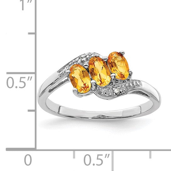 Sterling Silver White Gold Plated Natural Citrine & Diamond 3 Stone Ring