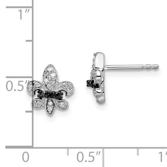 White Night White Gold Filled Sterling Silver Black & White Diamond Fleur De Lis Earrings