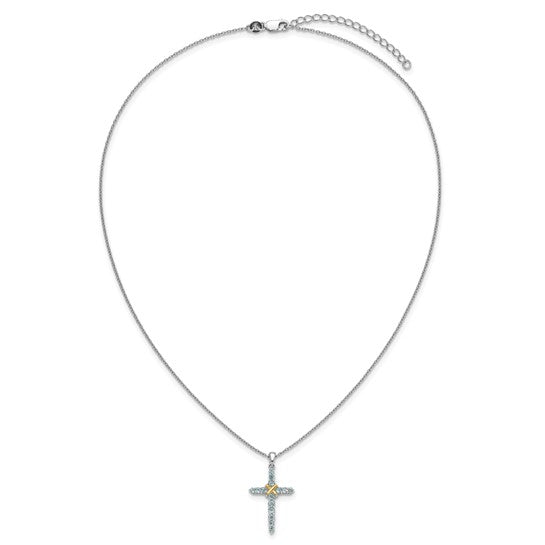 White Gold Filled Sterling Silver Blue Topaz Two Tone Cross & Chain