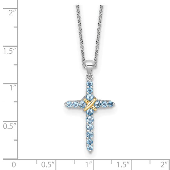 White Gold Filled Sterling Silver Blue Topaz Two Tone Cross & Chain