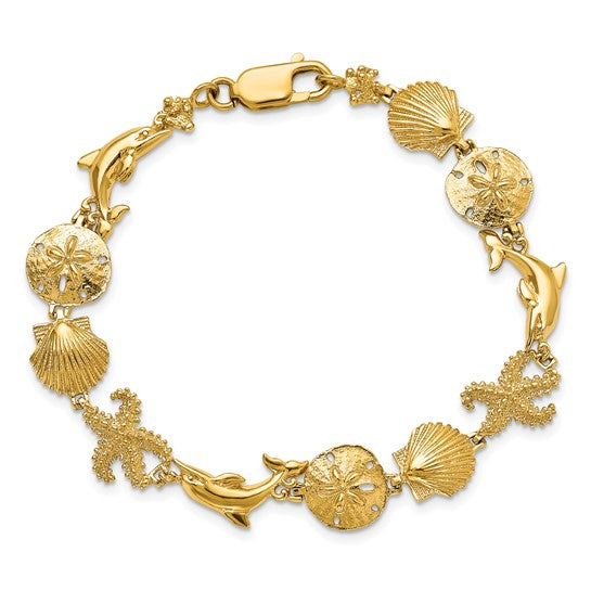 14K Yellow Gold Star Fish, Dolphin, Sand Dollar, & Seas Shell Bracelet