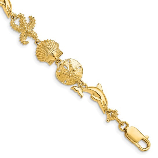 14K Yellow Gold Star Fish, Dolphin, Sand Dollar, & Seas Shell Bracelet