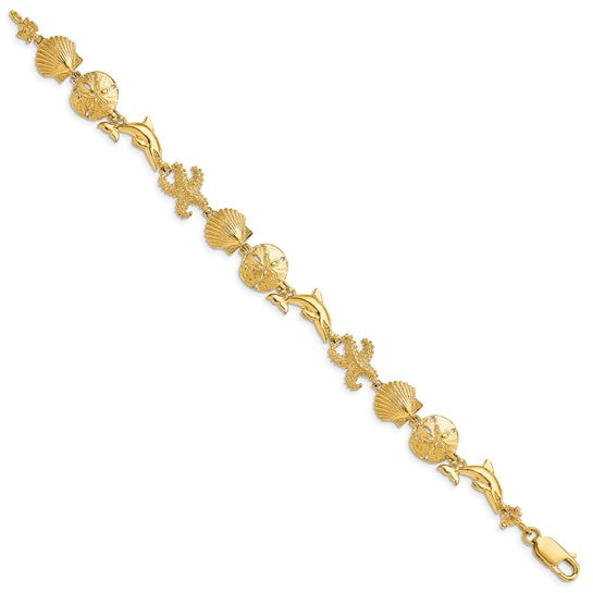 14K Yellow Gold Star Fish, Dolphin, Sand Dollar, & Seas Shell Bracelet