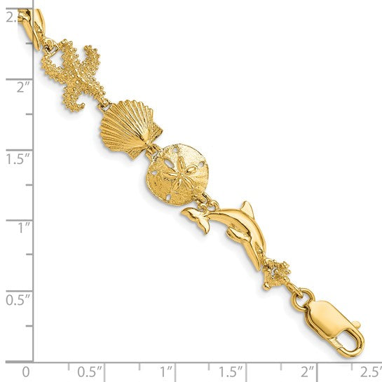 14K Yellow Gold Star Fish, Dolphin, Sand Dollar, & Seas Shell Bracelet