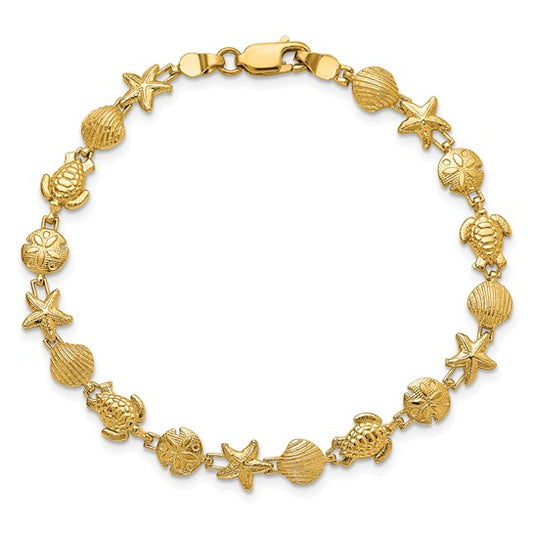 14K Yellow Gold Star Fish, Sand Dollar, Turtle, & Seas Shell Bracelet