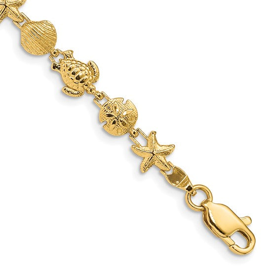 14K Yellow Gold Star Fish, Sand Dollar, Turtle, & Seas Shell Bracelet