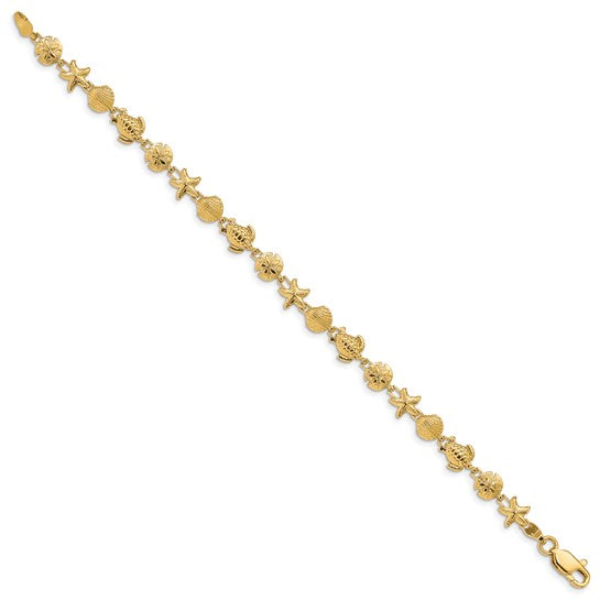 14K Yellow Gold Star Fish, Sand Dollar, Turtle, & Seas Shell Bracelet