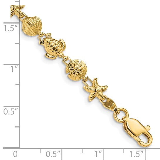 14K Yellow Gold Star Fish, Sand Dollar, Turtle, & Seas Shell Bracelet