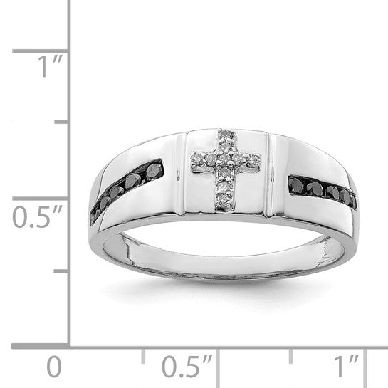 White Gold Filled Sterling Silver Black & White Diamond Cross Men's Ring