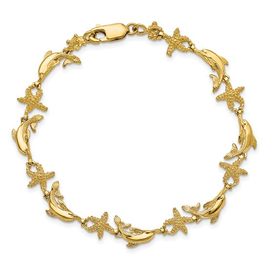 14K Yellow Gold Dolphin & Star Fish Bracelet