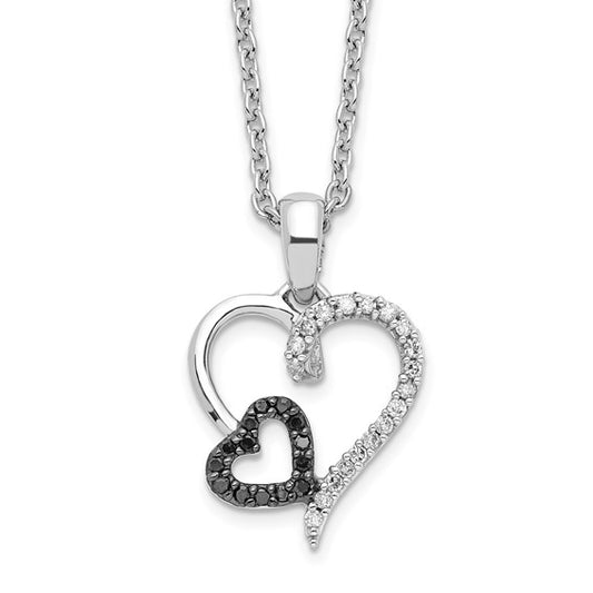 White Night White Gold Filled Sterling Silver Black & White Diamond Heart In Heart Chain & Pendant Set