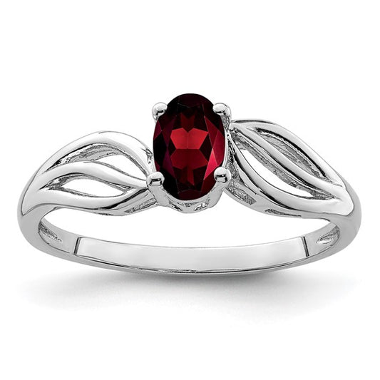 Sterling Silver Rhodium Plated Wave Band Natural Garnet Ring