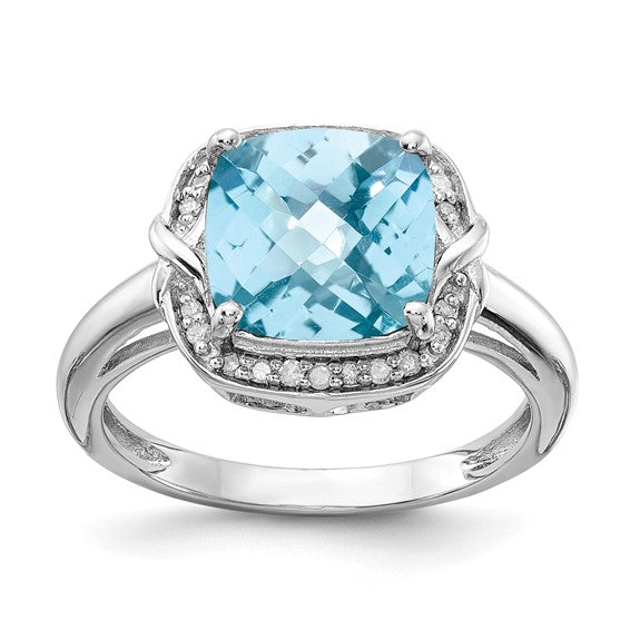 White Gold Filled Sterling Silver 4 Carat Blue Topaz & Diamond Checkerboard Ring
