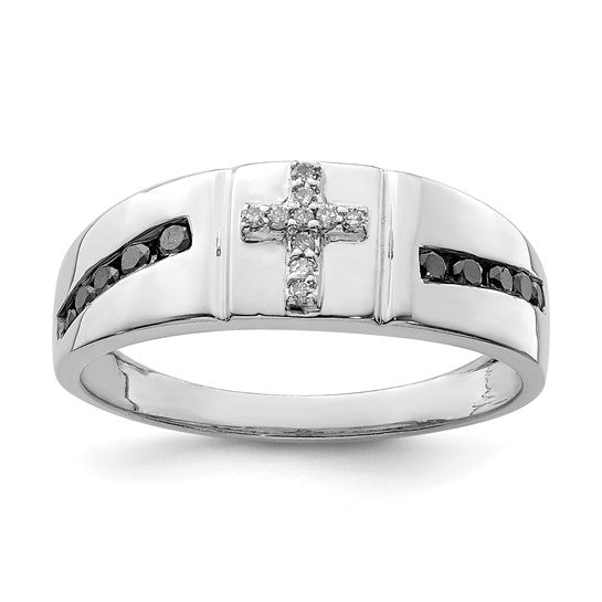 White Gold Filled Sterling Silver Black & White Diamond Cross Men's Ring