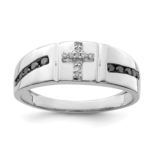 White Gold Filled Sterling Silver Black & White Diamond Cross Men's Ring