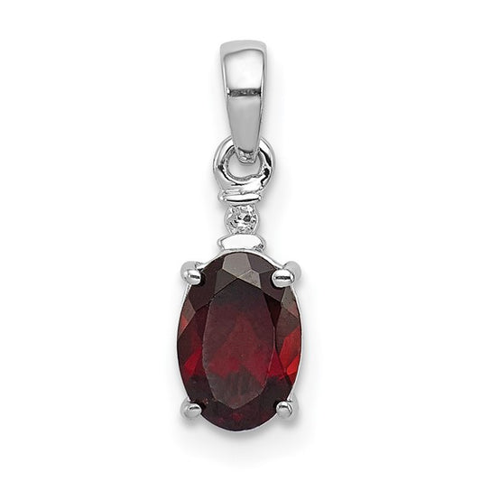 Sterling Silver Rhodium Plated .75 Carat Oval Natural Garnet & Diamond Pendant