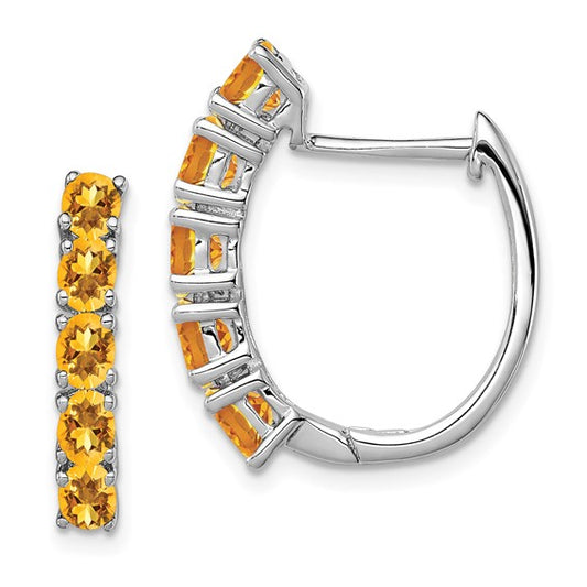 Sterling Silver White Gold Plated Hinged Hoop Natural Citrine Earrings