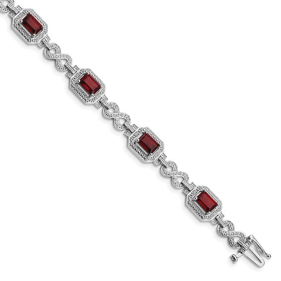 Sterling Silver White Gold Emerald Cut Natural Garnet Halo Bracelet