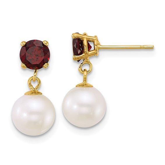 14K Yellow Gold Natural Garnet & Pearl Earrings