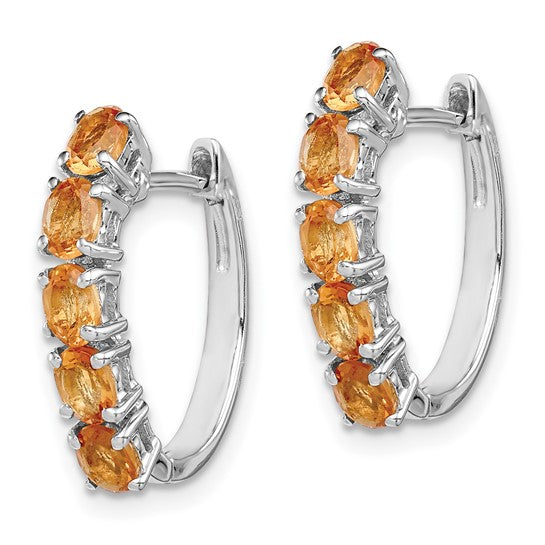 Sterling Silver White Gold Plated Hinged Hoop Natural Citrine Earrings