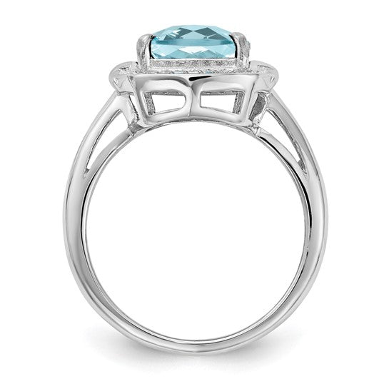 White Gold Filled Sterling Silver 4 Carat Blue Topaz & Diamond Checkerboard Ring