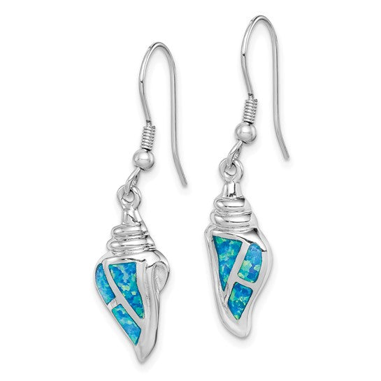 Sterling Silver White Gold Plated Shell Earrings With Lab Created Blue Opal Inlay