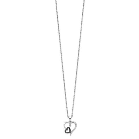 White Night White Gold Filled Sterling Silver Black & White Diamond Heart In Heart Chain & Pendant Set