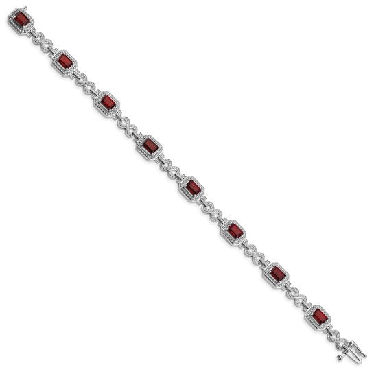 Sterling Silver White Gold Emerald Cut Natural Garnet Halo Bracelet