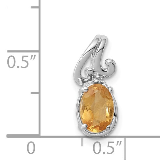 Sterling Silver White Gold Plated Natural Citrine & Diamond Oval Fancy Pendant