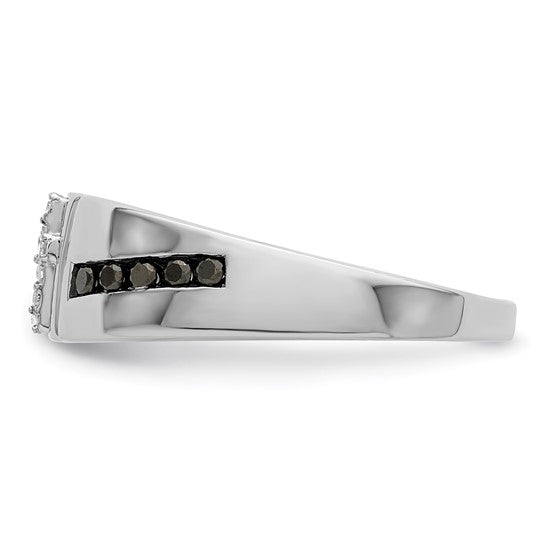 White Gold Filled Sterling Silver Black & White Diamond Cross Men's Ring