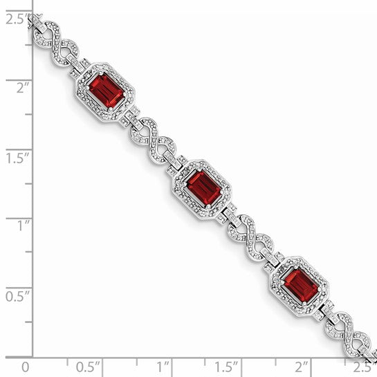 Sterling Silver White Gold Emerald Cut Natural Garnet Halo Bracelet