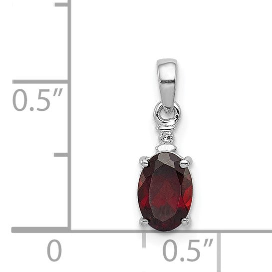 Sterling Silver Rhodium Plated .75 Carat Oval Natural Garnet & Diamond Pendant