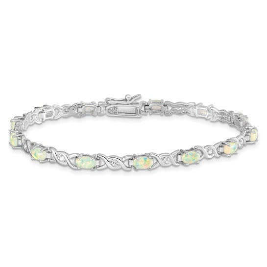 Sterling Silver White Gold Plated cz Twist Bracelet With Lab Created Opal