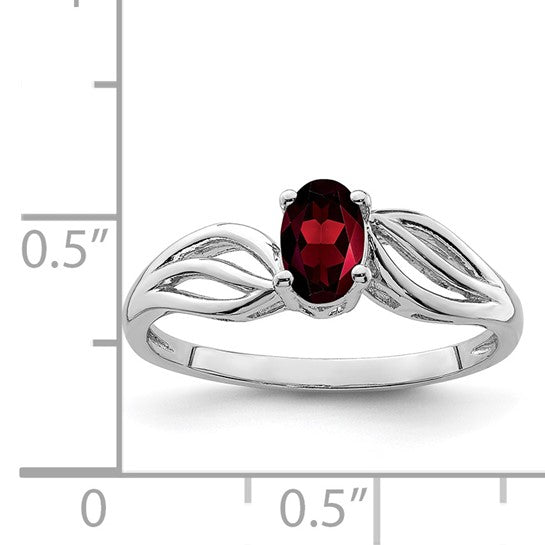 Sterling Silver Rhodium Plated Wave Band Natural Garnet Ring