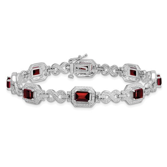 Sterling Silver White Gold Emerald Cut Natural Garnet Halo Bracelet