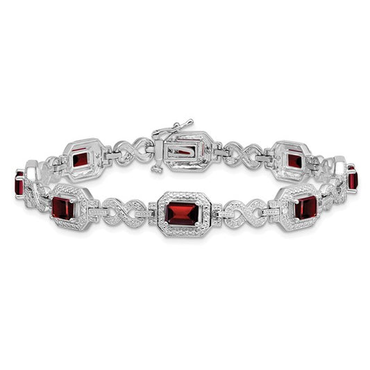 Sterling Silver White Gold Emerald Cut Natural Garnet Halo Bracelet