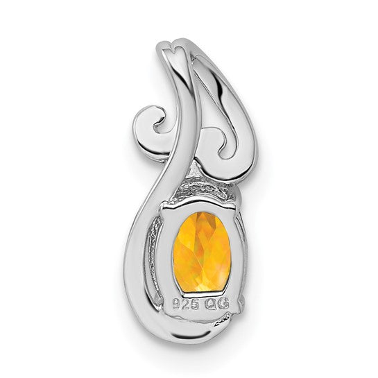 Sterling Silver White Gold Plated Natural Citrine & Diamond Oval Fancy Pendant